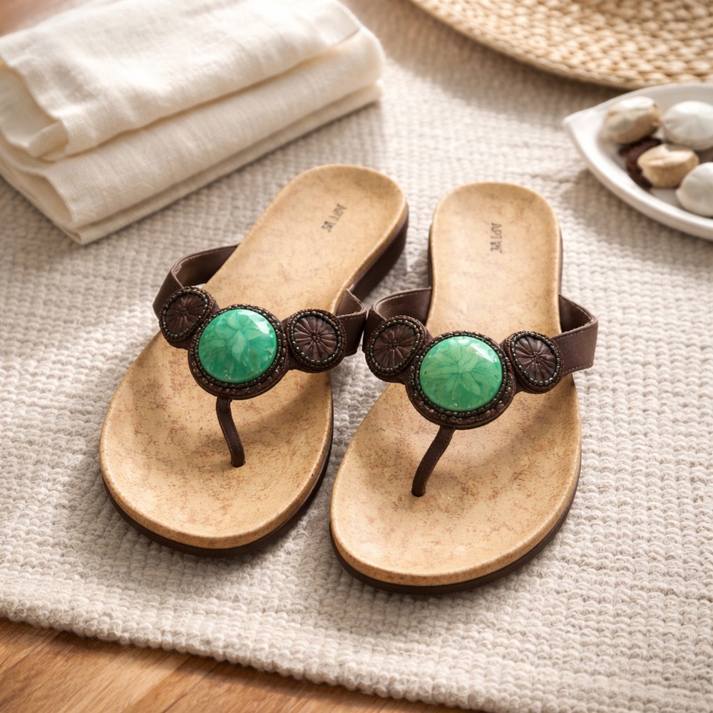 Definitely Bohemian style sandals! Sz 8 super cute with Teal bead in center